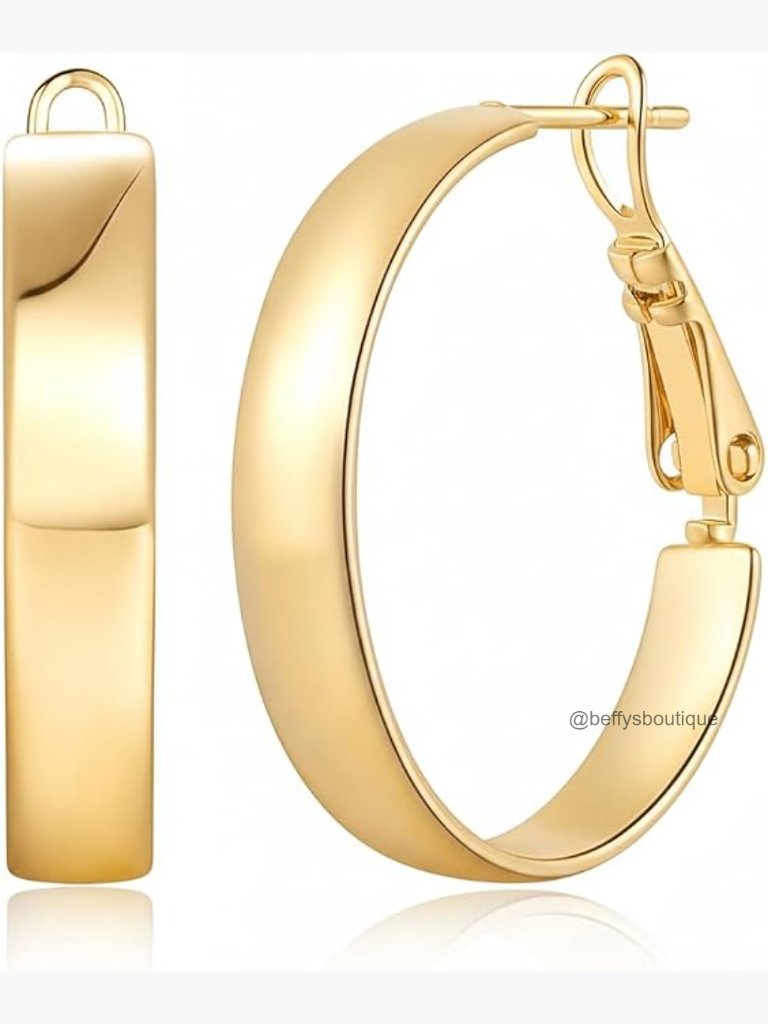 14k Gold Chunky Hoop Earrings Smooth Inner Band Secure Click-Top